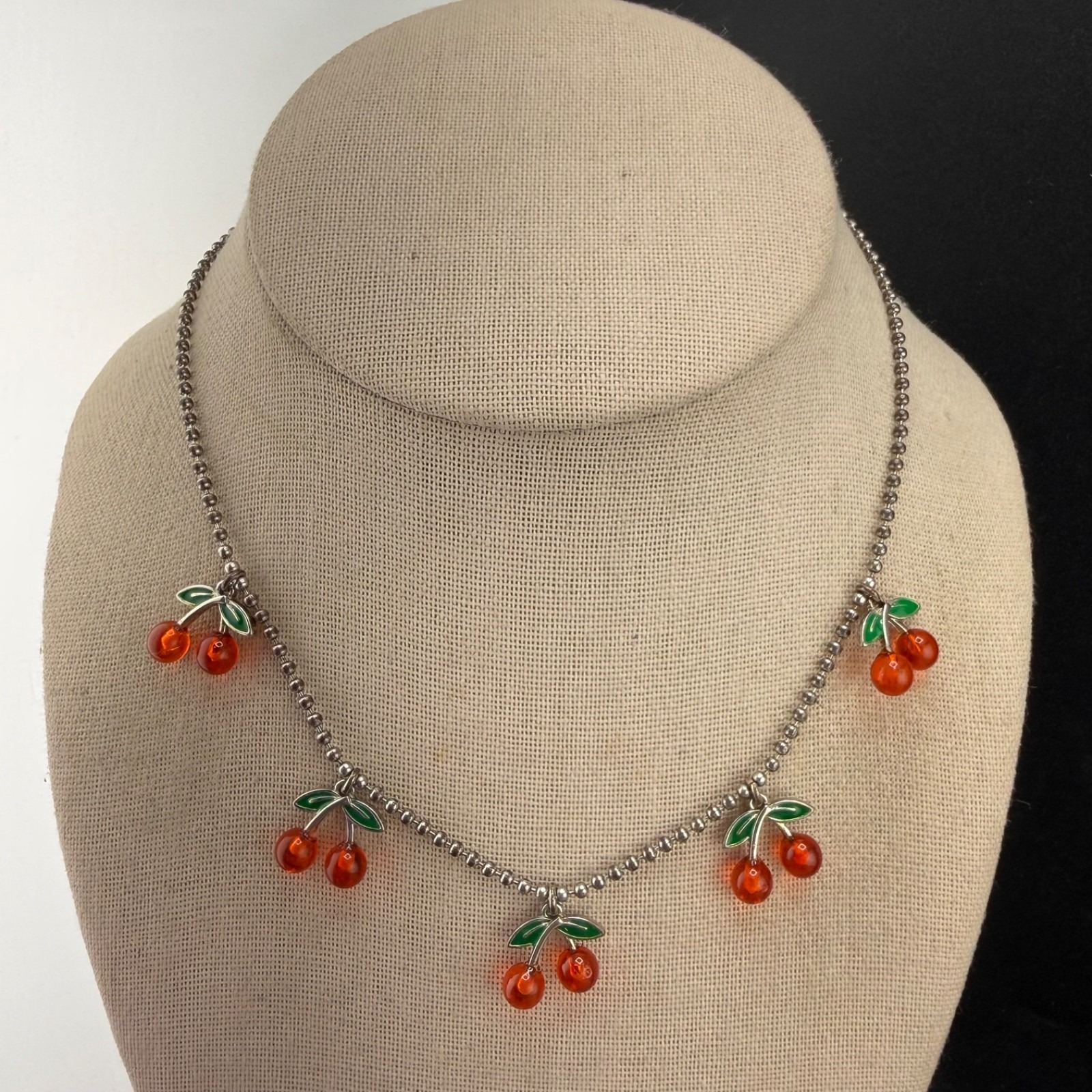 J Crew Necklace Fruit Cherries Silver Tone Cherry Dainty Signed 16"